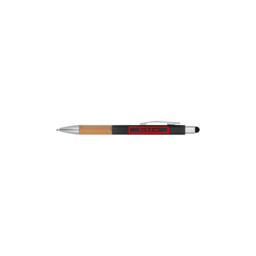 Wood-colored ballpoint pen with touch function and clip.