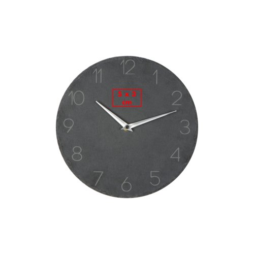 Gray slate wall clock with time display.