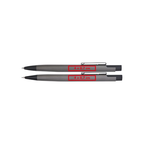 Metal writing set with ballpoint pen and rollerball pen.