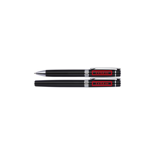 Black metal writing set with ballpoint pen and fountain pen.