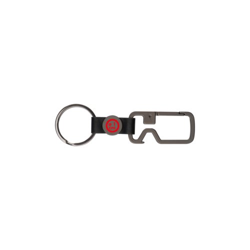 Black leather keychain with metal ring and bottle opener.