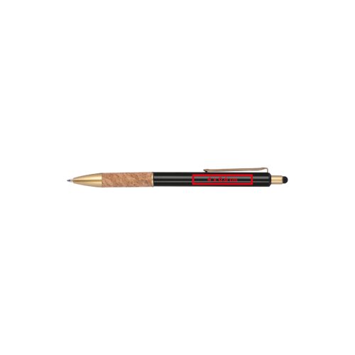Metal ballpoint pen with cork details, clip and touchscreen stylus.