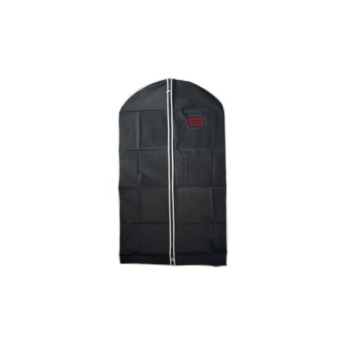 Black garment bag with zipper.