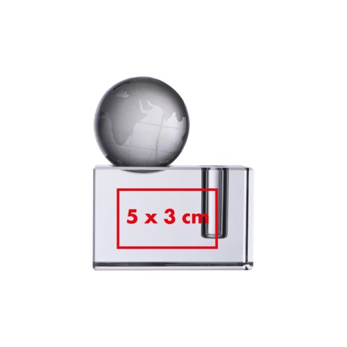 Glass pencil holder with globe.