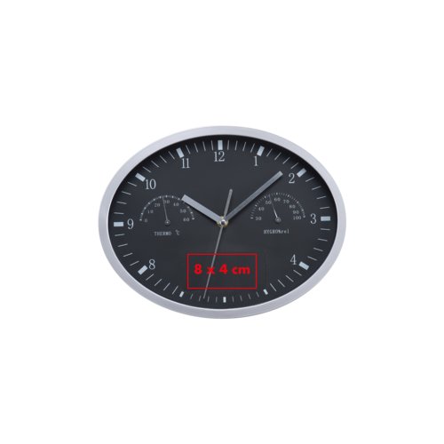 Black wall clock with thermometer and hygrometer.