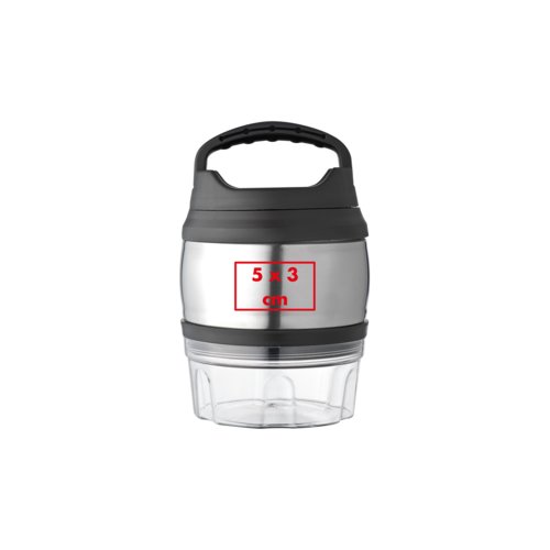 Silver metal and plastic container with lid and handle.