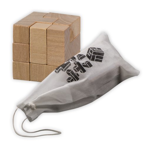 Wooden cube puzzle with cotton bag.