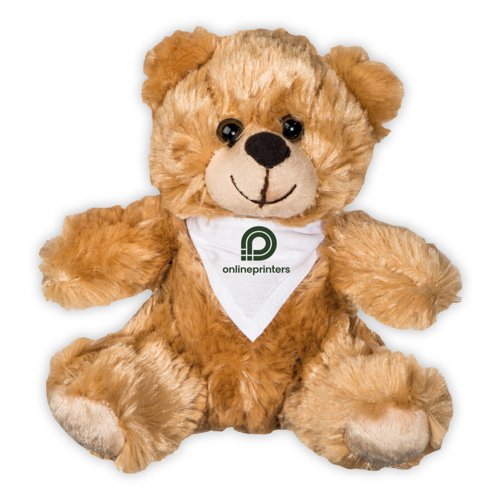 Brown plush teddy bear with bandana.