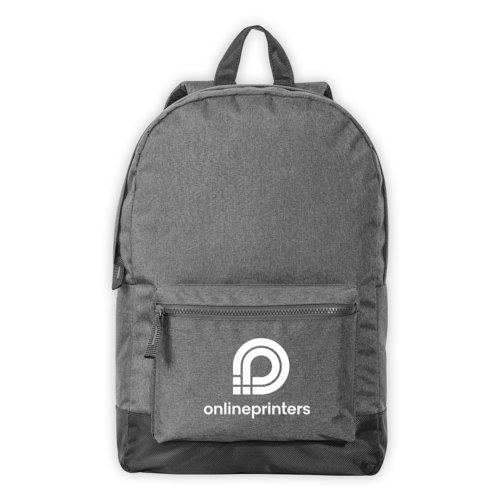 Gray fabric backpack with zippered compartment and carrying handle.
