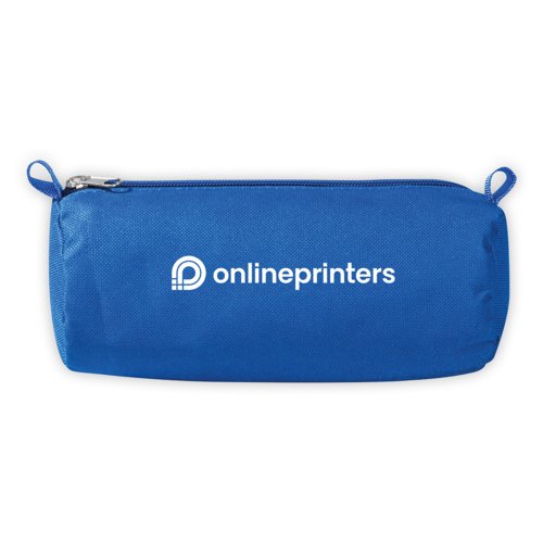Blue fabric pencil case with zipper.