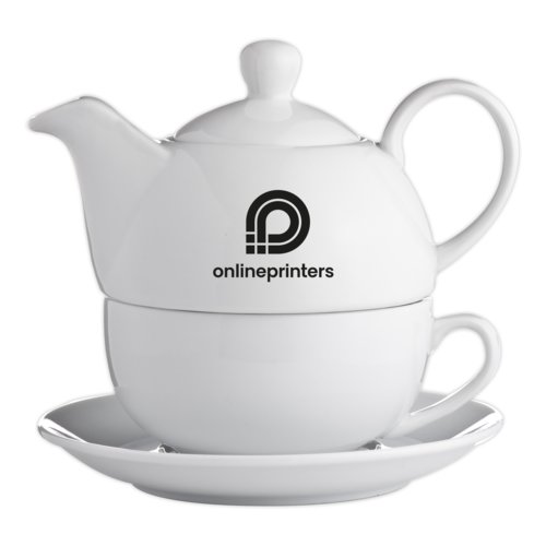White ceramic tea set including teapot, cup, and saucer.