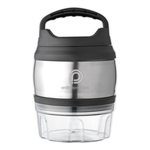 Silver-colored stainless steel lunch box with handle.