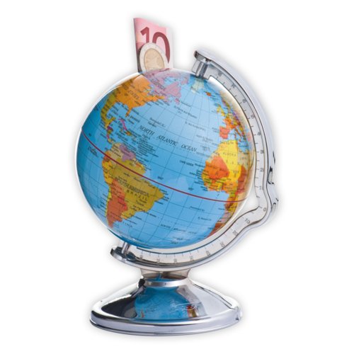 Globe-shaped money box with slot and silver-colored base.