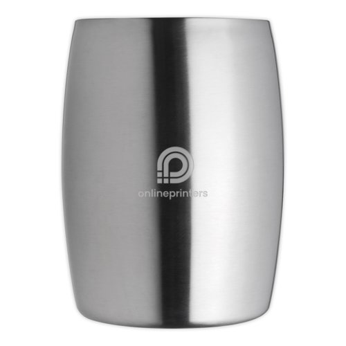 Stainless steel wine cooler in cylindrical form.