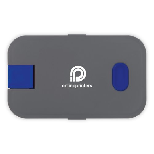 Blue plastic lunchbox with clip closure.