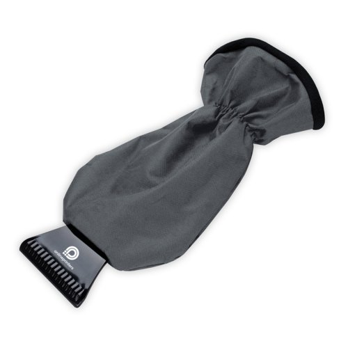 Gray ice scraper with glove and elastic cuff.
