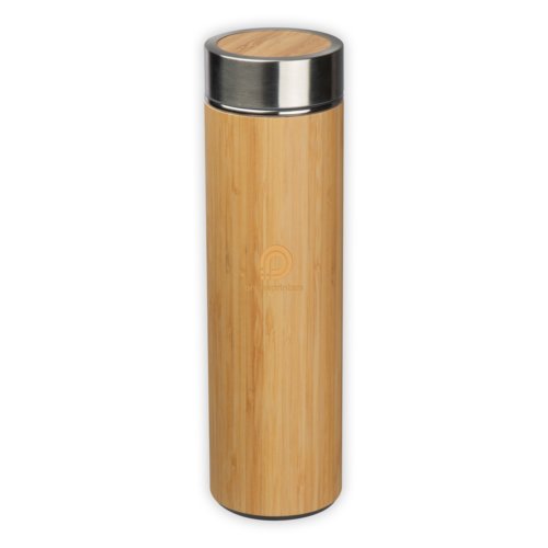 Beige bamboo vacuum flask with screw cap.