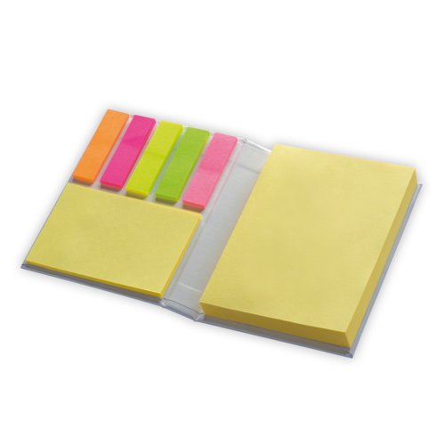 White sticky notepad with sticky strips.