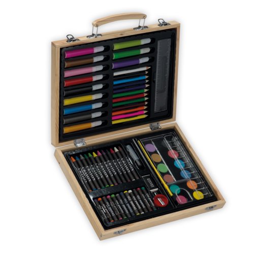 Brown wood art set with various art supplies.