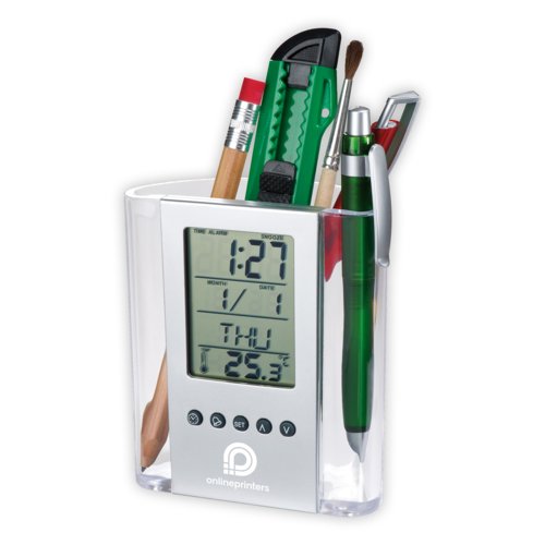 Acrylic desk tidy with digital display.