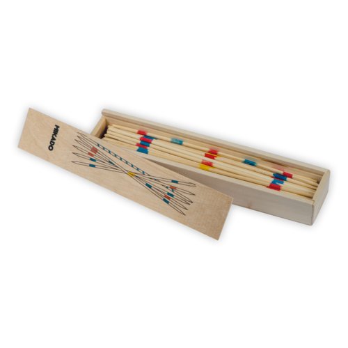Beige wooden Mikado game in wooden box.
