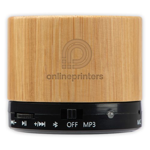 Light wooden Bluetooth speaker with control panel.