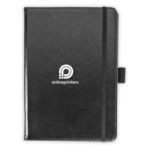 Black notebook with elastic band closure and pen holder.