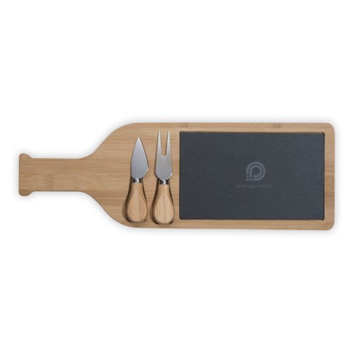 Wooden cheese board with slate plate and cheese knives.