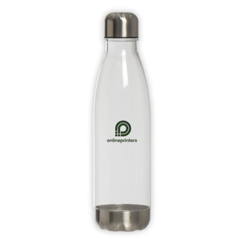 Transparent drinking bottle with screw cap.