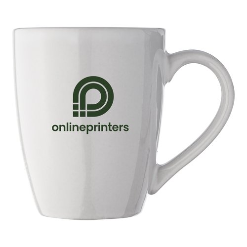 White ceramic mug with handle.
