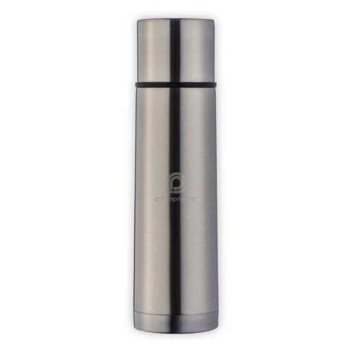 Silver stainless steel insulated thermos with screw cap.