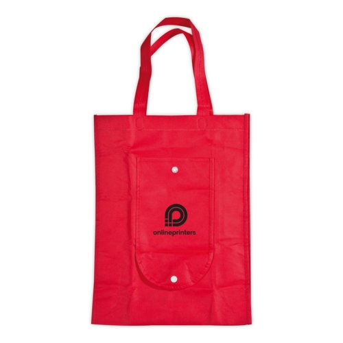 Red non-woven shopping bag with snap fastener.