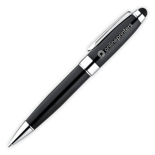 Black metal ballpoint pen with touch function and clip.