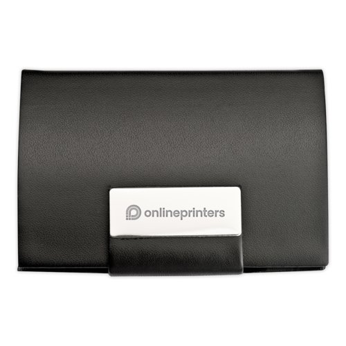 Black leather business card holder with magnetic closure.