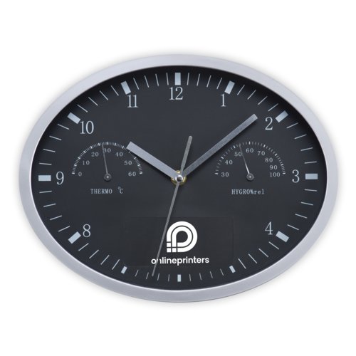 Black wall clock with thermometer and hygrometer.