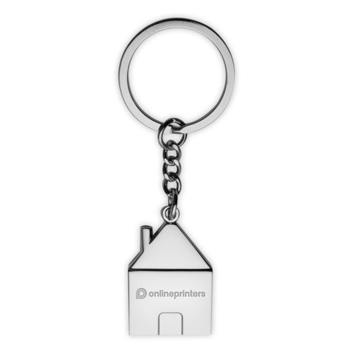 Metal keychain in house shape with keyring.
