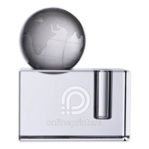 Glass pen holder with globe.