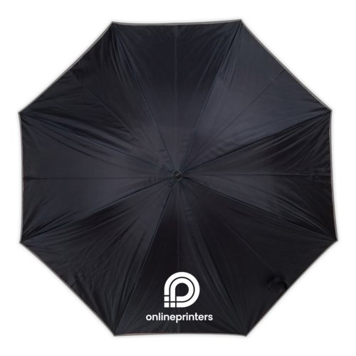 Gray umbrella with double canopy and pattern.