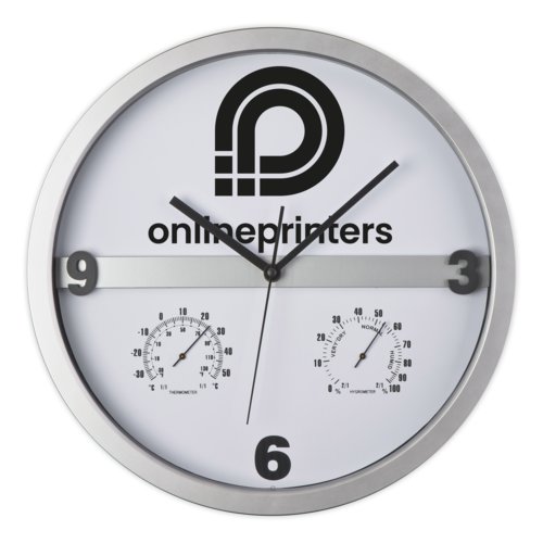 Silver wall clock with thermometer and hygrometer.