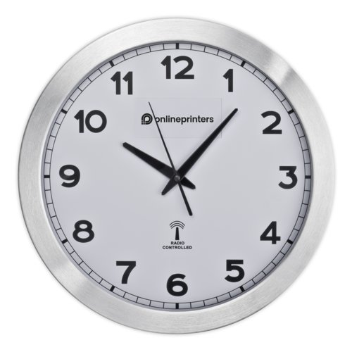 Metal wall clock with analog time display.