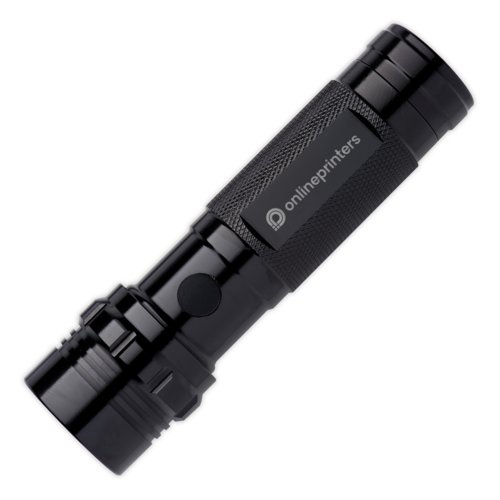 Black metal flashlight and multitool set with grip.
