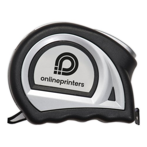 Steel measuring tape with casing and retraction mechanism.
