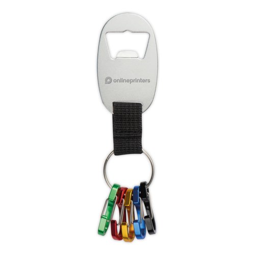 Metal keychain with bottle opener and carabiner.