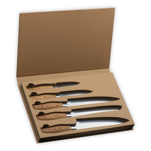 Gray steel and wood knife set, five pieces.