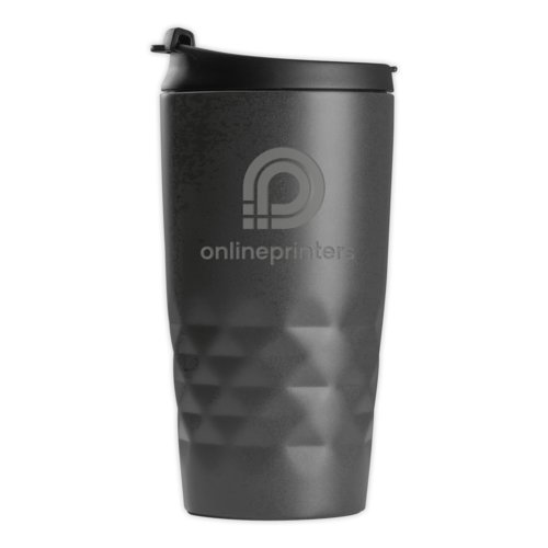 Gray stainless steel drinking cup with lid.