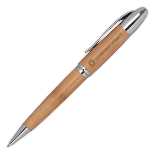 Bamboo ballpoint pen with twist mechanism and clip.