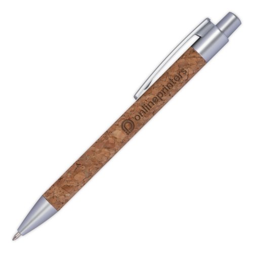 Cork ballpoint pen with clip and push mechanism.