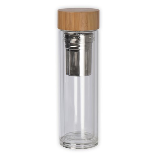 Transparent glass bottle with bamboo lid and metal strainer.