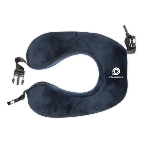 Blue plush neck pillow with adjustable closure.