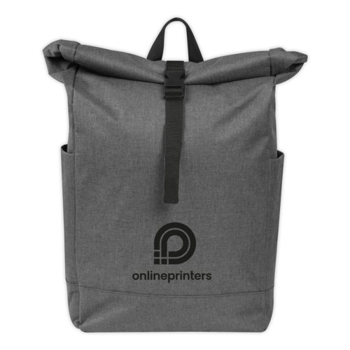 Gray fabric backpack with roll-top closure and adjustable straps.